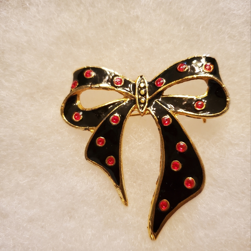 Vintage Gold Tone Black & Red Enamel Bow Brooch